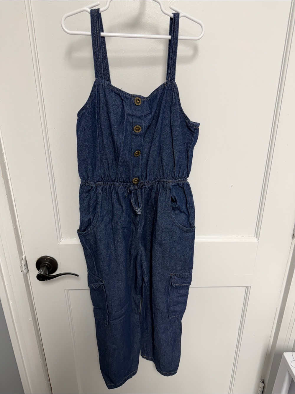 Denim Button-Front Jumpsuit with Pockets - Dark Blue